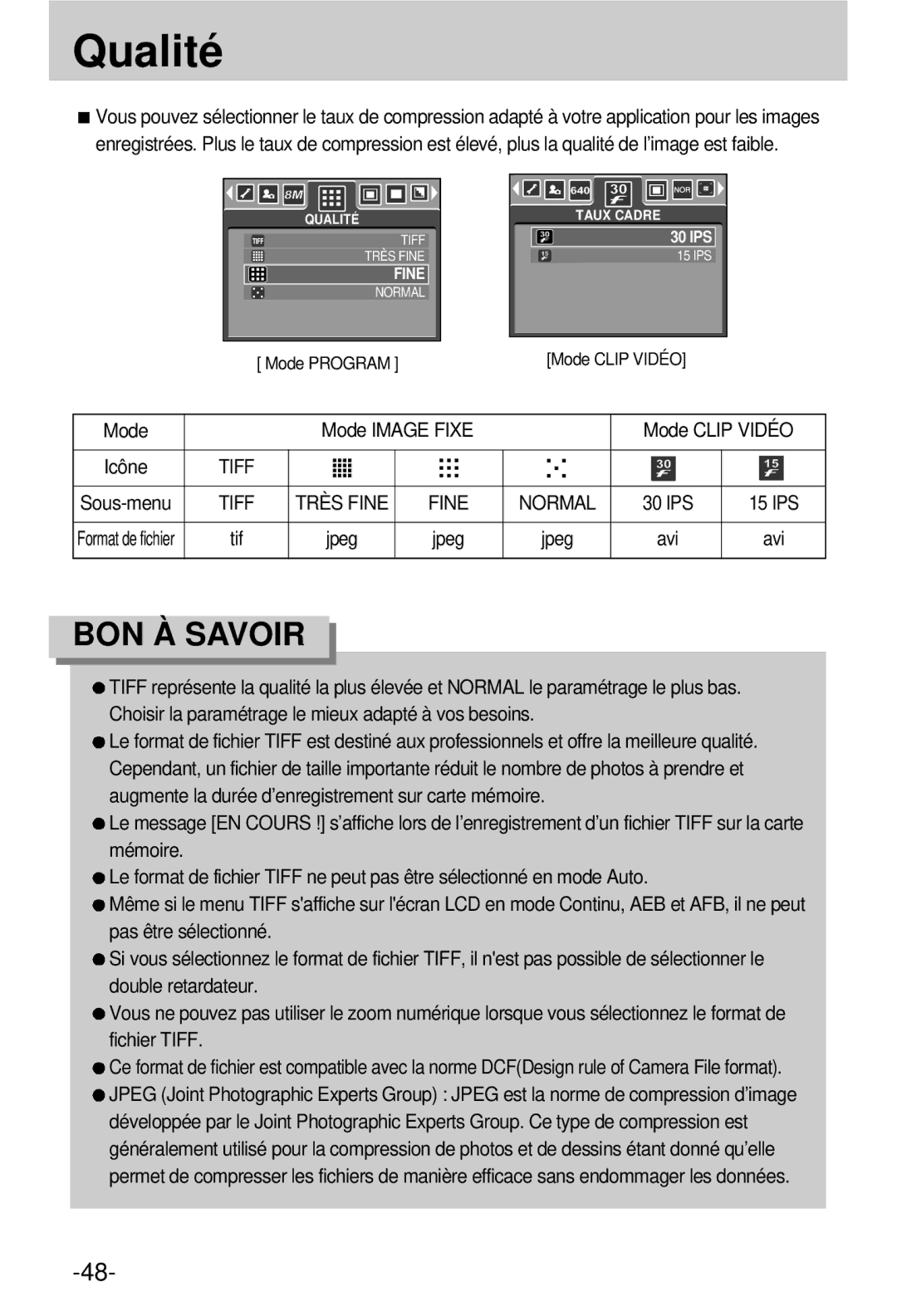 Samsung EC-V800ZSBA/FR manual Qualité, Mode Image Fixe Mode Clip Vidéo, Très Fine, 30 IPS, Avi 