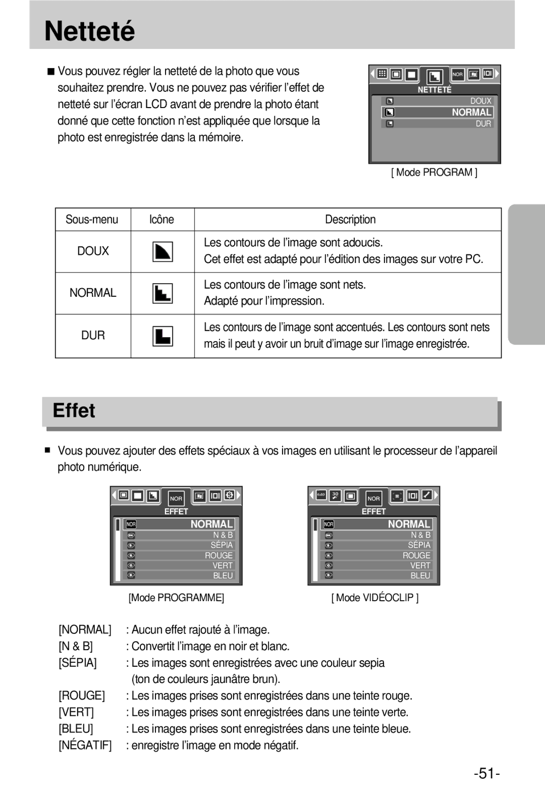 Samsung EC-V800ZSBA/FR manual Netteté, Effet 