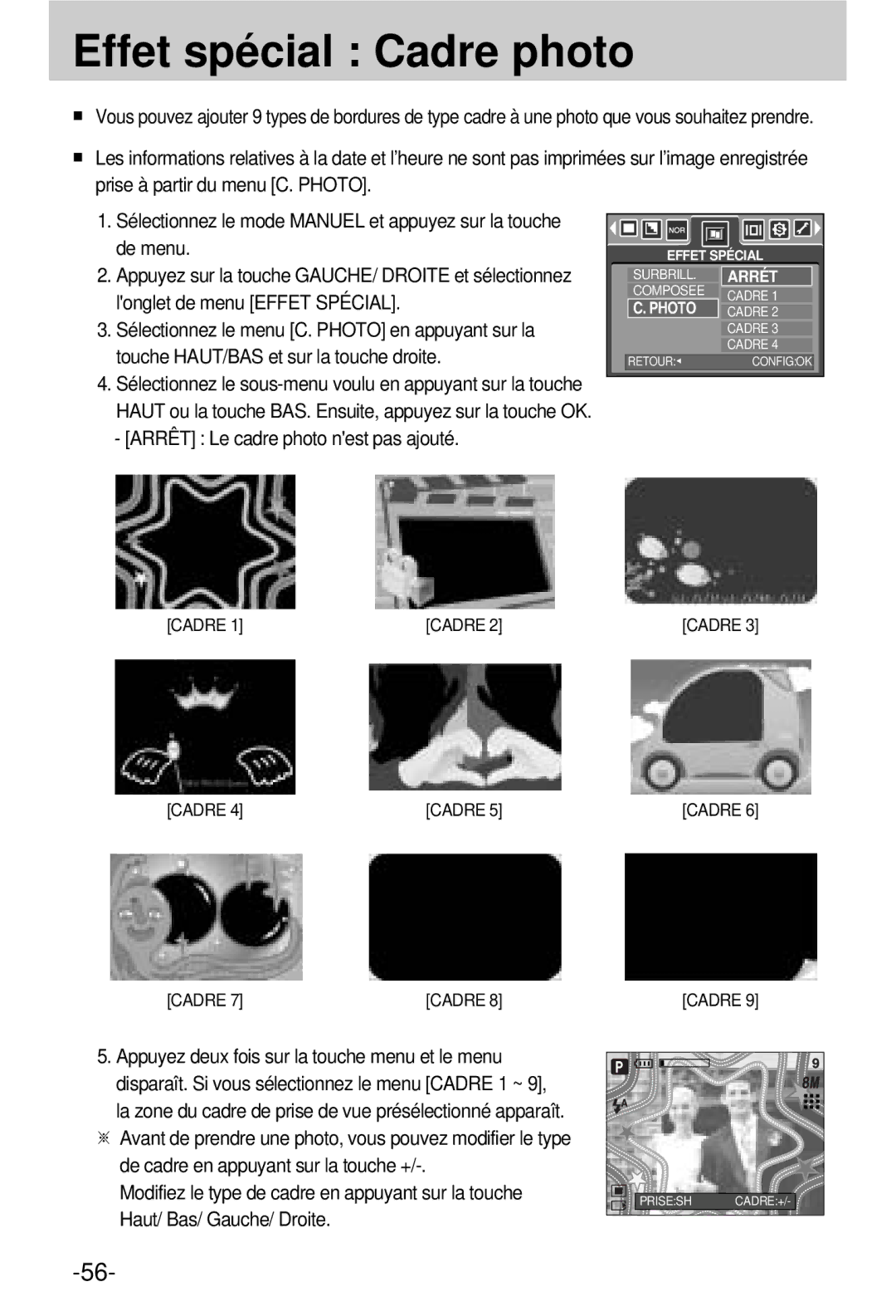 Samsung EC-V800ZSBA/FR manual Effet spécial Cadre photo, Arrêt Le cadre photo nest pas ajouté 