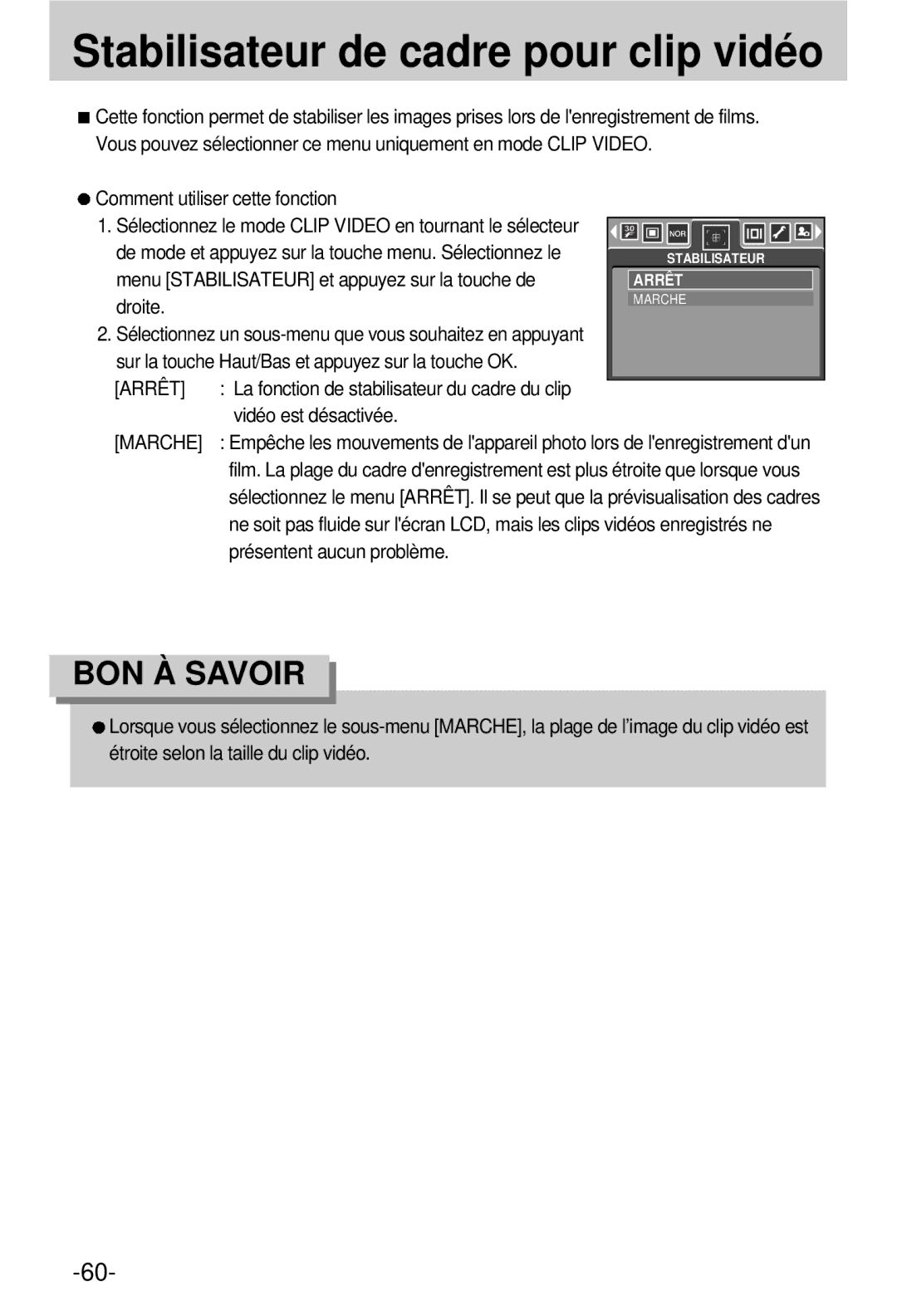 Samsung EC-V800ZSBA/FR manual Stabilisateur de cadre pour clip vidéo, Arrêt 