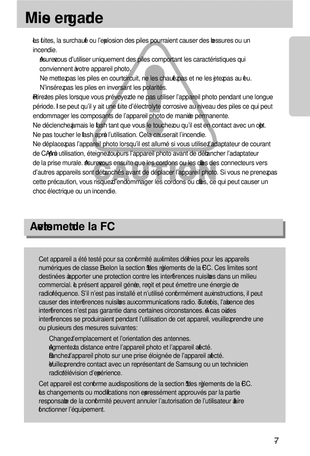 Samsung EC-V800ZSBA/FR manual Mise en garde, Avertissement de la FCC 