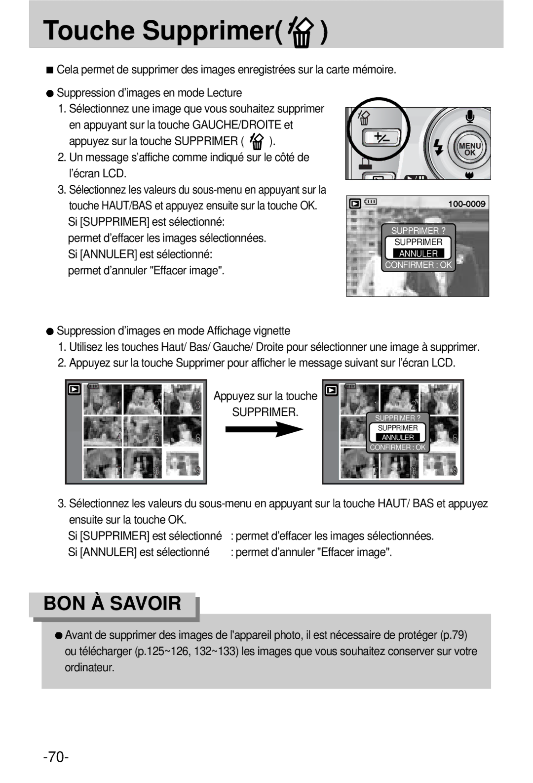 Samsung EC-V800ZSBA/FR Touche Supprimer, Permet d’annuler Effacer image, Suppression d’images en mode Affichage vignette 