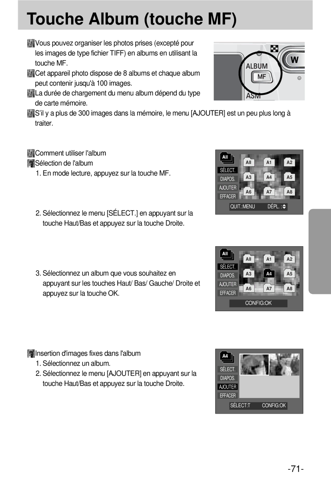 Samsung EC-V800ZSBA/FR manual Touche Album touche MF, QUIT.MENU Dépl 