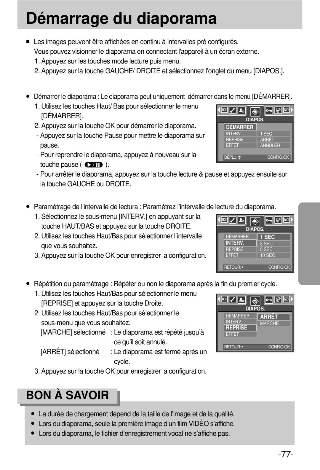 Samsung EC-V800ZSBA/FR manual Démarrage du diaporama, Utilisez les touches Haut/Bas pour sélectionner le 