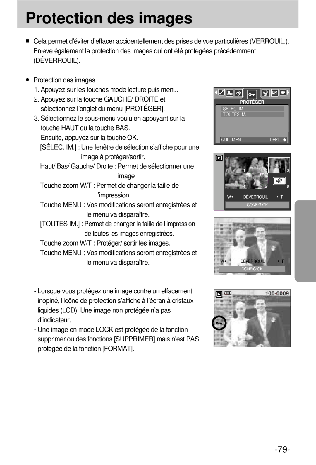 Samsung EC-V800ZSBA/FR manual Protection des images, Le menu va disparaître, Touche zoom W/T Protéger/ sortir les images 