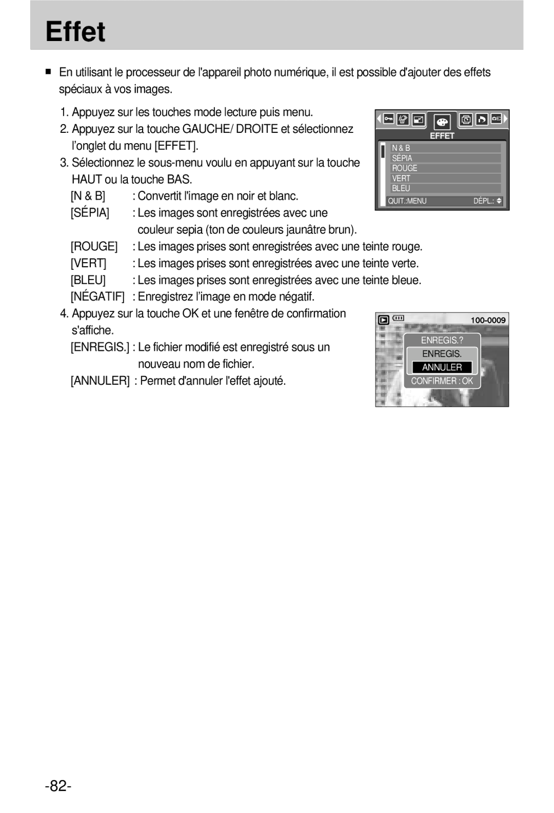 Samsung EC-V800ZSBA/FR manual ’onglet du menu Effet, Haut ou la touche BAS, Convertit limage en noir et blanc 