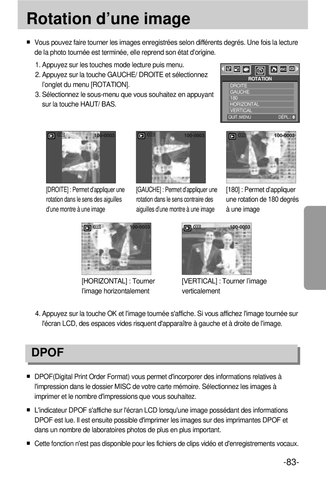 Samsung EC-V800ZSBA/FR manual Rotation d’une image, Horizontal Tourner, ’image horizontalement Verticalement 