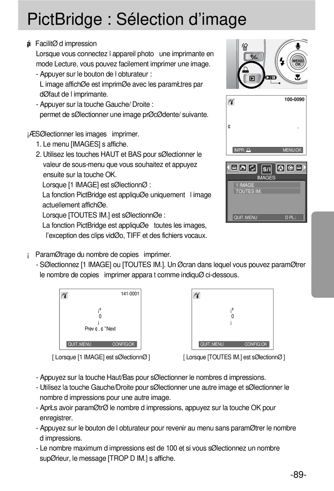 Samsung EC-V800ZSBA/FR manual PictBridge Sélection d’image, Facilité d’impression 
