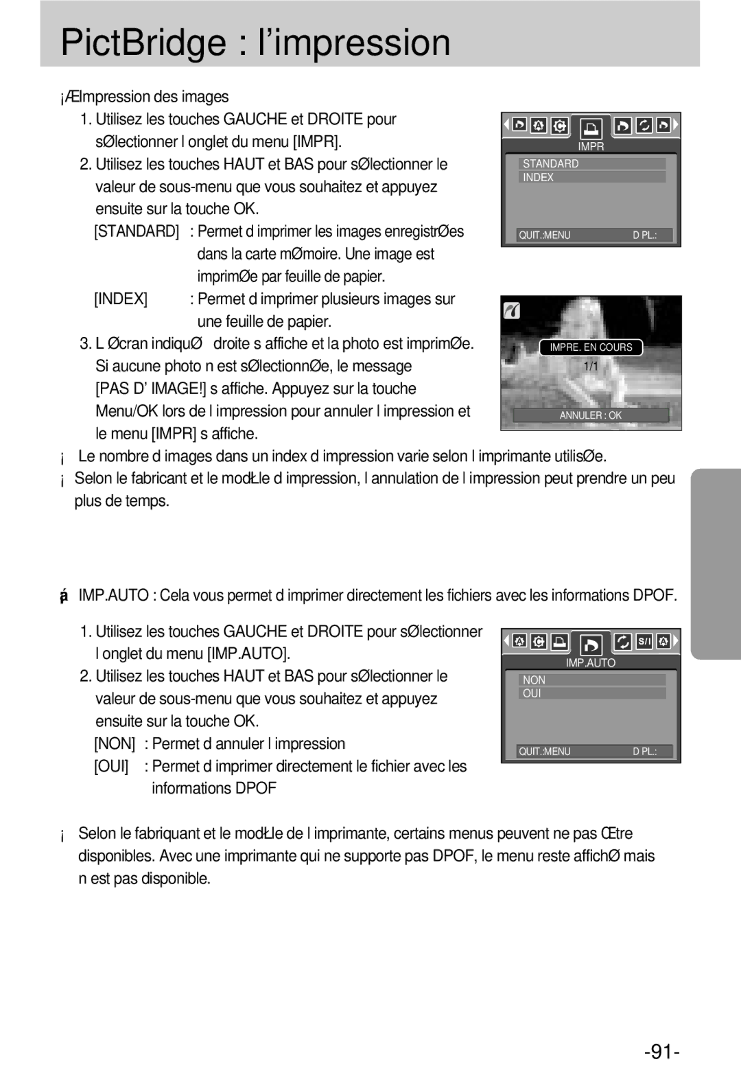 Samsung EC-V800ZSBA/FR manual PictBridge l’impression, Utilisez les touches Haut et BAS pour sélectionner le 