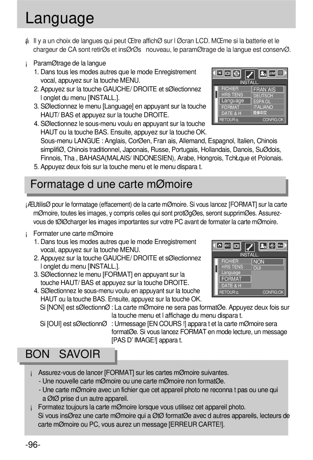 Samsung EC-V800ZSBA/FR manual Language, Formatage d’une carte mémoire 
