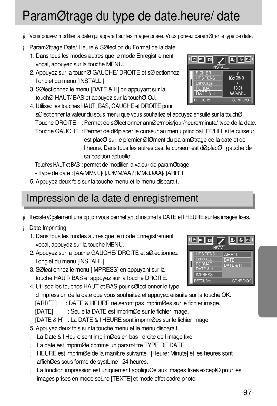 Samsung EC-V800ZSBA/FR Impression de la date d’enregistrement, Utilisez les touches HAUT, BAS, Gauche et Droite pour, Date 