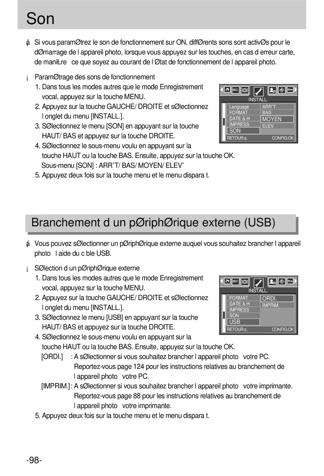 Samsung EC-V800ZSBA/FR manual Son, Branchement d’un périphérique externe USB, Paramétrage des sons de fonctionnement 