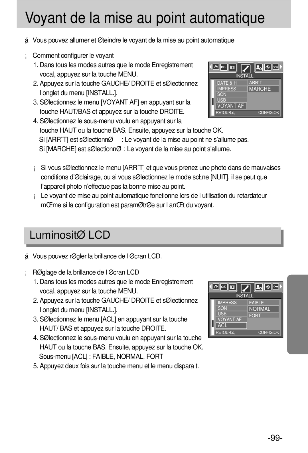 Samsung EC-V800ZSBA/FR manual Voyant de la mise au point automatique, Luminosité LCD 