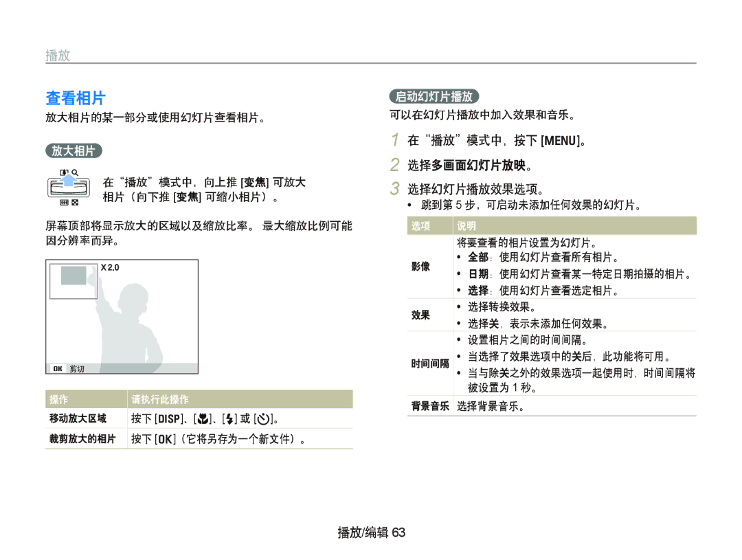 Samsung EC-WB1000BPSE2, EC-WB1000BPBE1, EC-WB1000BPBIT, EC-WB1000BPSE3 查看相片, 在播放模式中，按下 m。 2 选择多画面幻灯片放映。 选择幻灯片播放效果选项。, 放大相片 