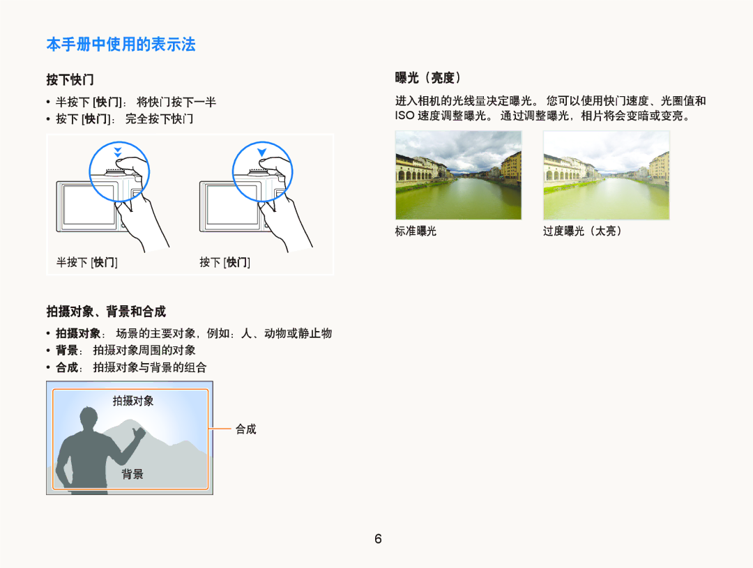 Samsung EC-WB1000BPBIT, EC-WB1000BPBE1, EC-WB1000BPSE3, EC-WB1000BPBE3, EC-WB1000BPSE2 本手册中使用的表示法, 按下快门 曝光（亮度）, 拍摄对象、背景和合成 