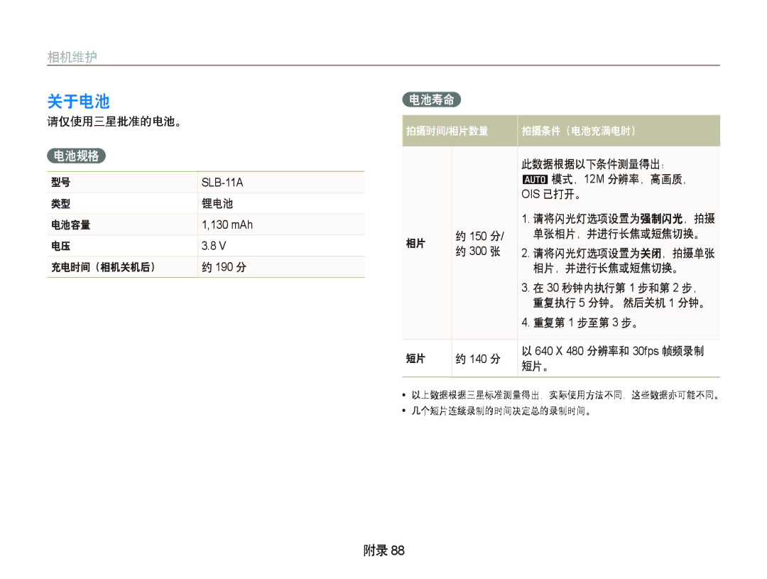 Samsung EC-WB100SBP/E3, EC-WB1000BPBE1, EC-WB1000BPBIT, EC-WB1000BPSE3, EC-WB1000BPBE3, EC-WB1000BPSE2 manual 关于电池, 电池规格, 电池寿命 