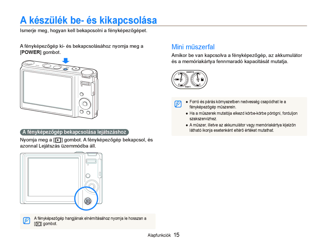 Samsung EC-WB1000BPSE2 manual Készülék be- és kikapcsolása, Mini műszerfal, Fényképezőgép bekapcsolása lejátszáshoz 