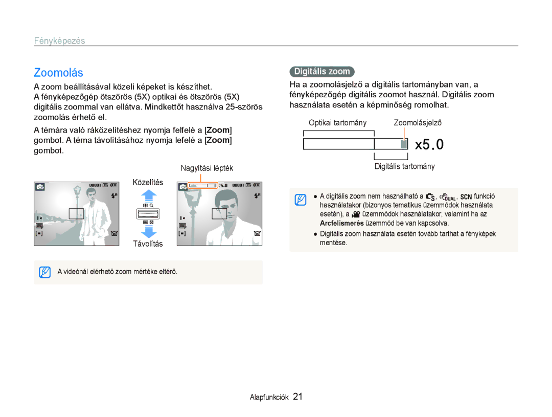Samsung EC-WB1000BPSE2, EC-WB1000BPBE1 manual Zoomolás, Fényképezés, Digitális zoom, Távolítás, Digitális tartomány 