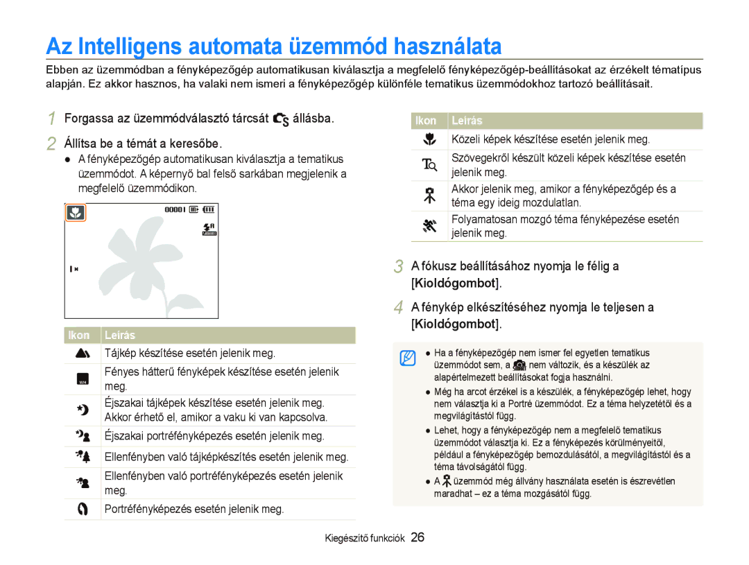 Samsung EC-WB1000BPBE3 manual Az Intelligens automata üzemmód használata, Forgassa az üzemmódválasztó tárcsát S állásba 