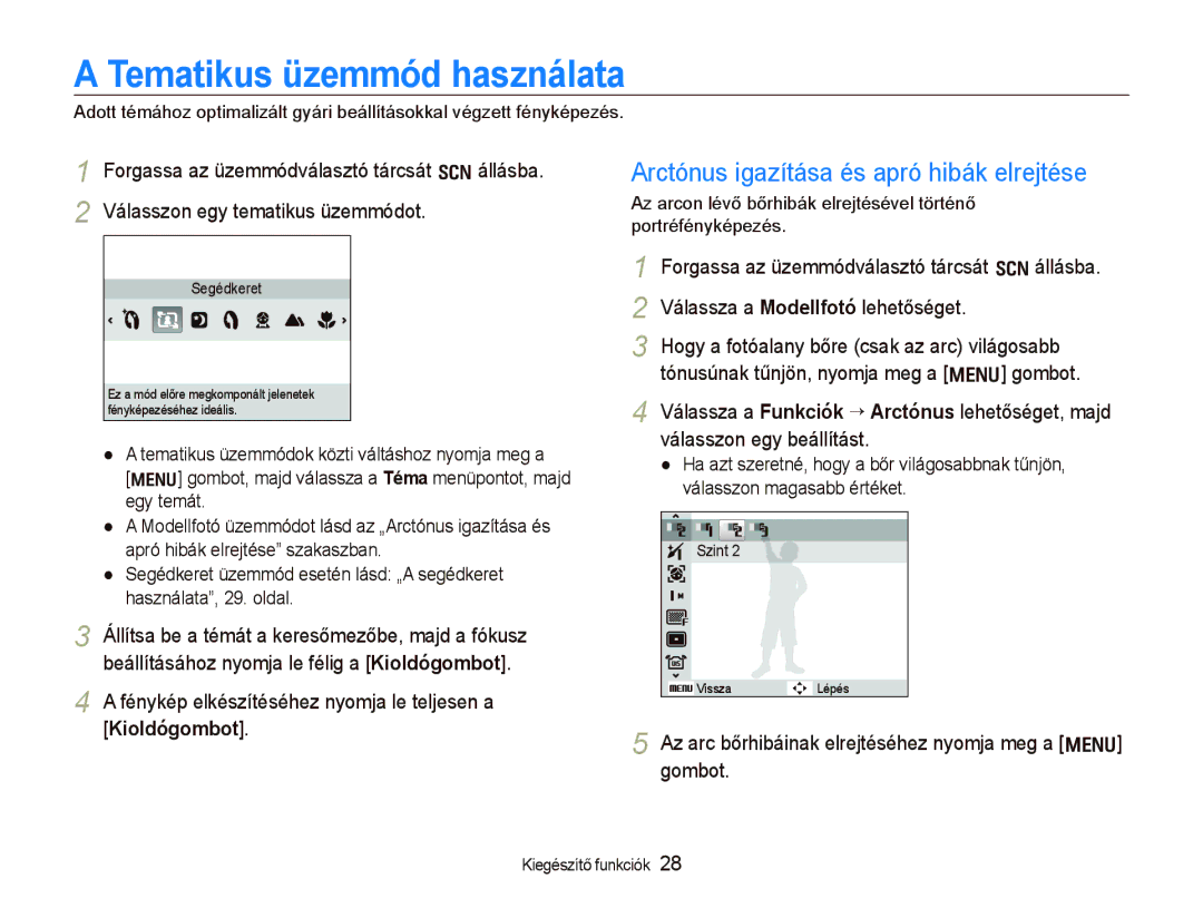 Samsung EC-WB100SBP/E3, EC-WB1000BPBE1 manual Tematikus üzemmód használata, Arctónus igazítása és apró hibák elrejtése 