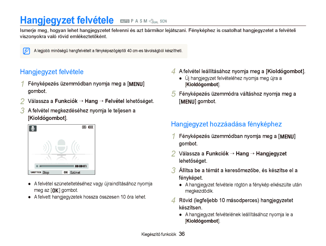 Samsung EC-WB1000BPBIT, EC-WB1000BPBE1 manual Hangjegyzet felvétele a p a h n d s, Hangjegyzet hozzáadása fényképhez 