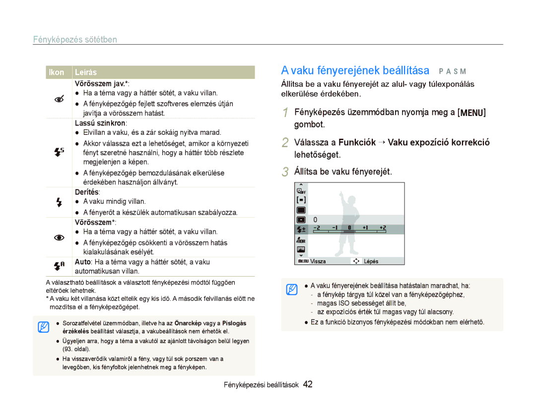 Samsung EC-WB1000BPBIT manual Vaku fényerejének beállítása p a h n, Fényképezés sötétben, Állítsa be vaku fényerejét 