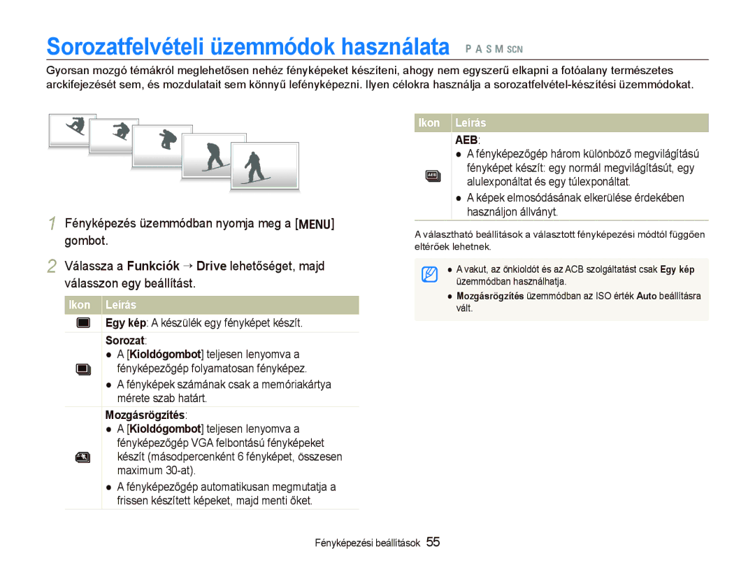 Samsung EC-WB1000BPSE3 manual Sorozatfelvételi üzemmódok használata p a h n s, Egy kép a készülék egy fényképet készít 