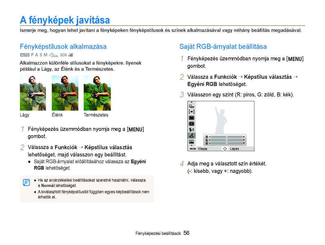 Samsung EC-WB1000BPBE3, EC-WB1000BPBE1 manual Fényképek javítása, Fényképstílusok alkalmazása, Saját RGB-árnyalat beállítása 