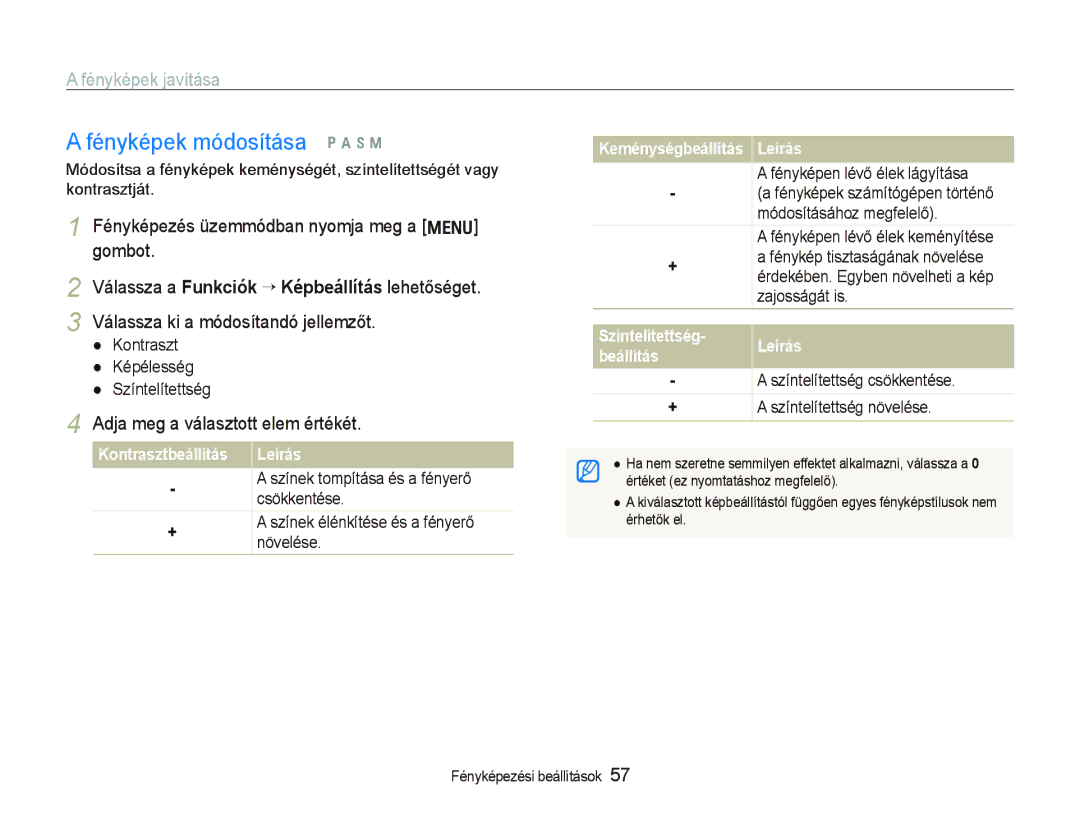 Samsung EC-WB1000BPSE2 manual Keménységbeállítás Leírás, Fényképen lévő élek lágyítása, Színtelítettség csökkentése 