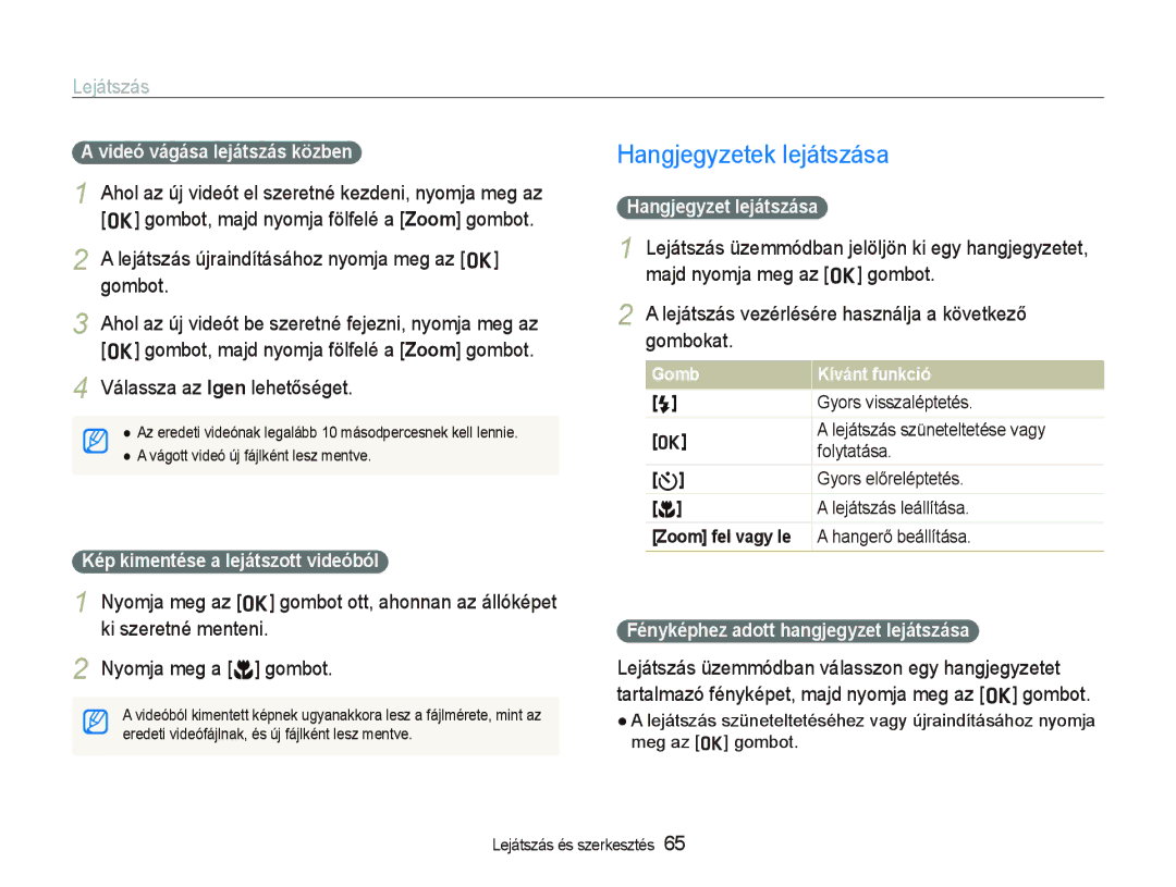 Samsung EC-WB1000BPBE1, EC-WB1000BPBIT manual Hangjegyzetek lejátszása, Lejátszás újraindításához nyomja meg az o gombot 