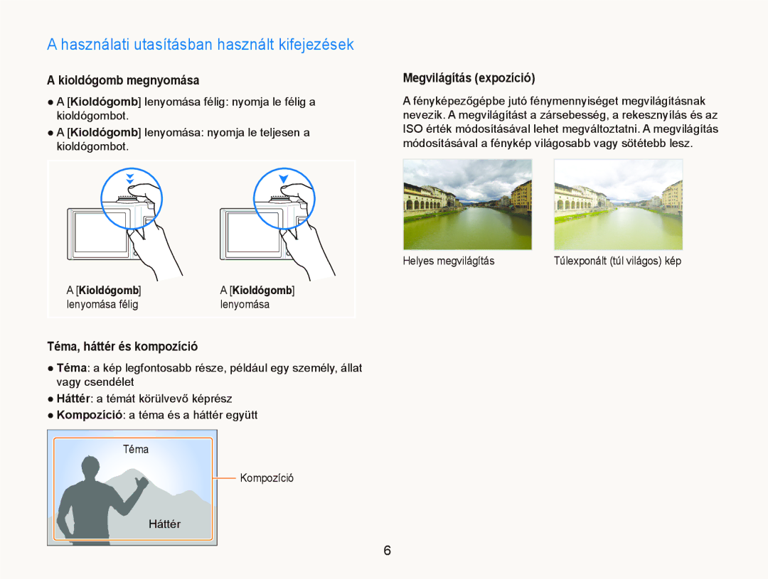 Samsung EC-WB1000BPBIT manual Használati utasításban használt kifejezések, Kioldógomb, Lenyomása félig Helyes megvilágítás 