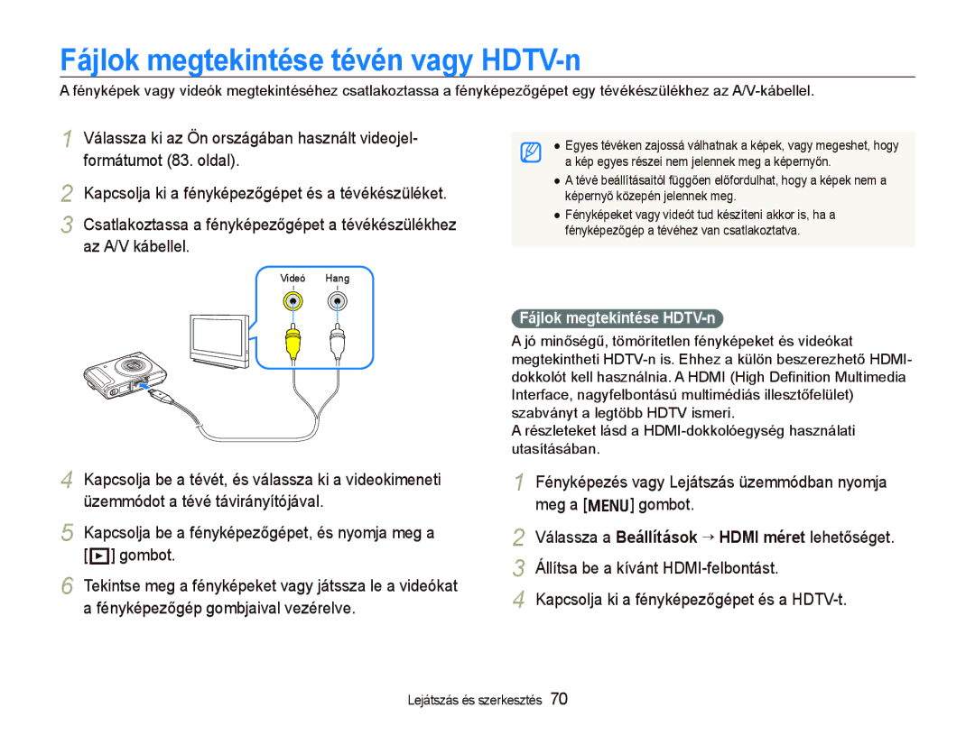 Samsung EC-WB100SBP/E3, EC-WB1000BPBE1 Fájlok megtekintése tévén vagy HDTV-n, Kapcsolja ki a fényképezőgépet és a HDTV-t 