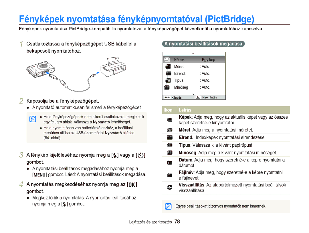 Samsung EC-WB1000BPBIT Fényképek nyomtatása fényképnyomtatóval PictBridge, Nyomtatás megkezdéséhez nyomja meg az o gombot 