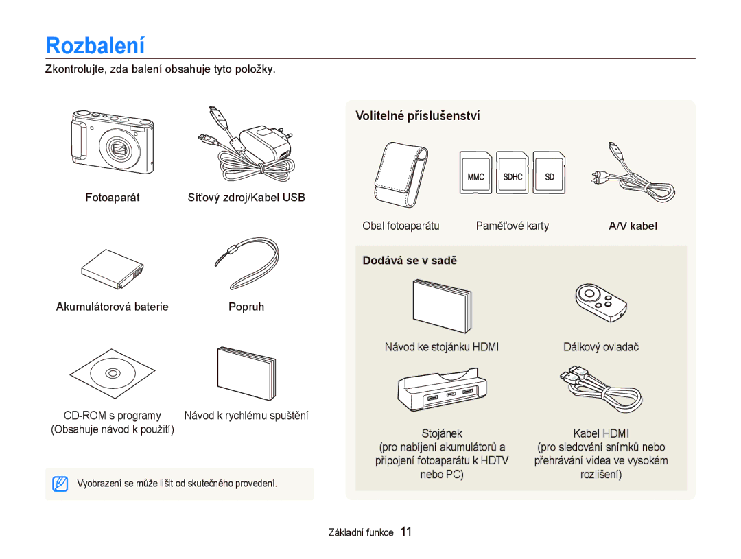 Samsung EC-WB1000BPBE1, EC-WB1000BPSE3, EC-WB1000BPBE3 manual Rozbalení, Volitelné příslušenství, Dodává se v sadě 