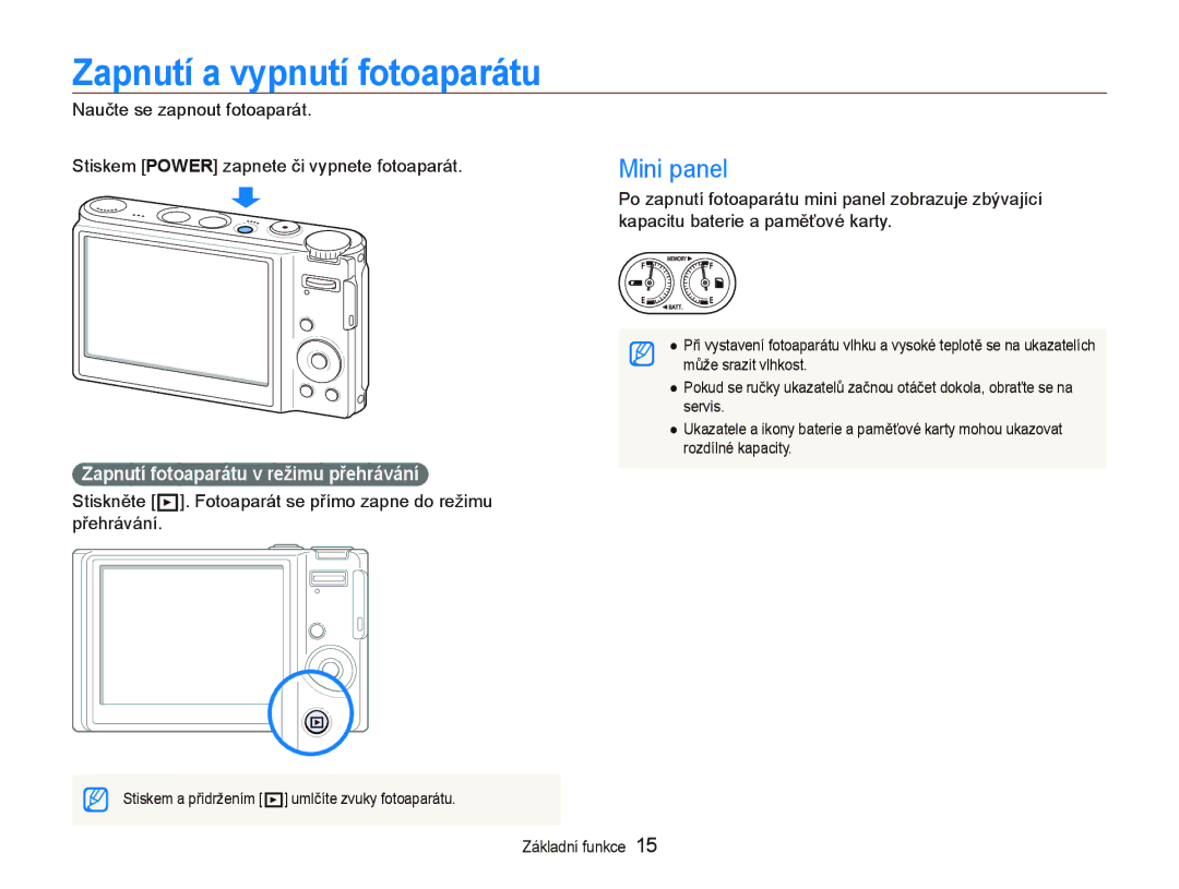 Samsung EC-WB1000BPSE3, EC-WB1000BPBE1 Zapnutí a vypnutí fotoaparátu, Mini panel, Zapnutí fotoaparátu v režimu přehrávání 