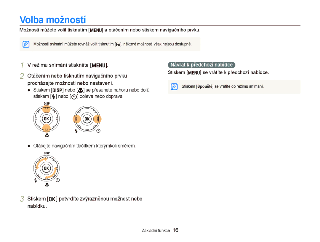 Samsung EC-WB1000BPBE3 manual Volba možností, Režimu snímání stiskněte m, Otáčením nebo tisknutím navigačního prvku 