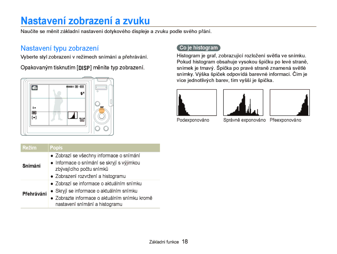 Samsung EC-WB1000BPSE3 Nastavení zobrazení a zvuku, Nastavení typu zobrazení, Opakovaným tisknutím D měníte typ zobrazení 