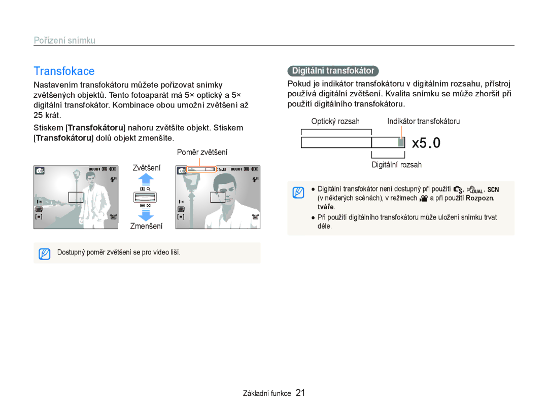 Samsung EC-WB1000BPSE3, EC-WB1000BPBE1 Transfokace, Pořízení snímku, Digitální transfokátor, Zmenšení, Digitální rozsah 