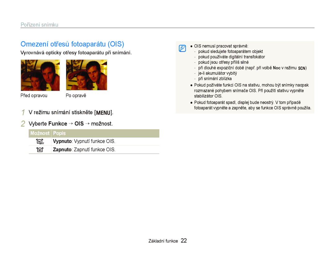Samsung EC-WB1000BPBE3 manual Omezení otřesů fotoaparátu OIS, Režimu snímání stiskněte m Vyberte Funkce “ OIS “ možnost 