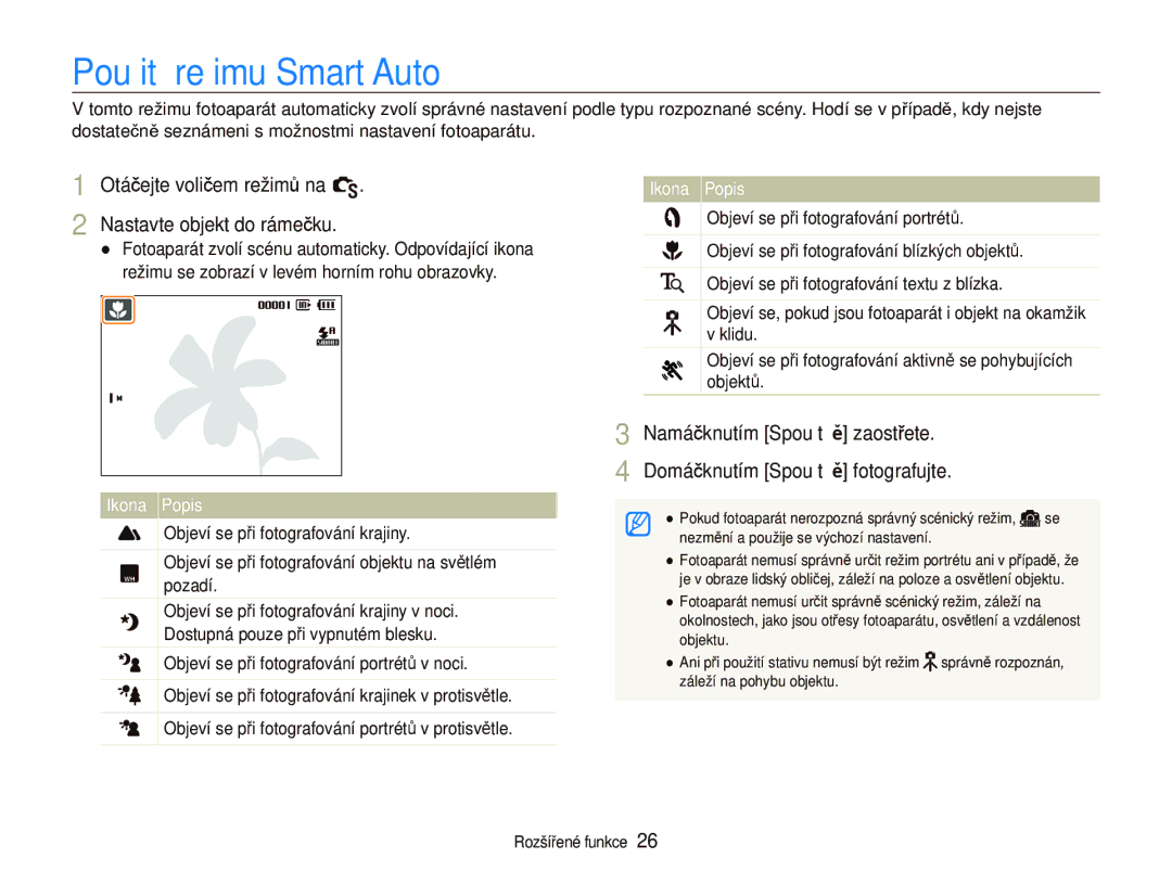 Samsung EC-WB1000BPBE1, EC-WB1000BPSE3 Použití režimu Smart Auto, Otáčejte voličem režimů na S Nastavte objekt do rámečku 