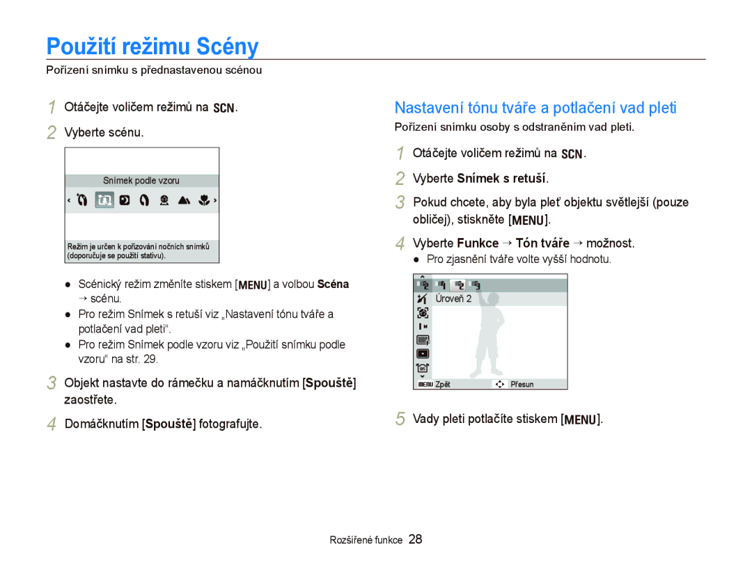 Samsung EC-WB1000BPBE3 manual Použití režimu Scény, Nastavení tónu tváře a potlačení vad pleti, Vyberte Snímek s retuší 