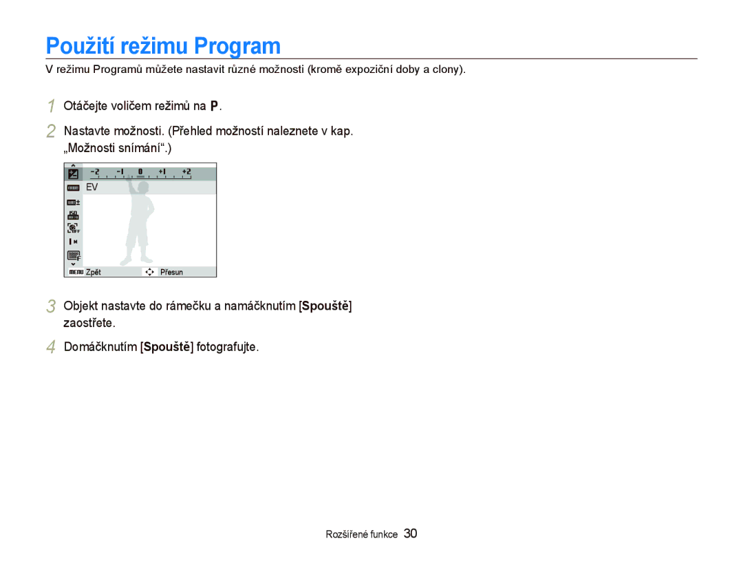 Samsung EC-WB1000BPSE3, EC-WB1000BPBE1, EC-WB1000BPBE3 manual Použití režimu Program 