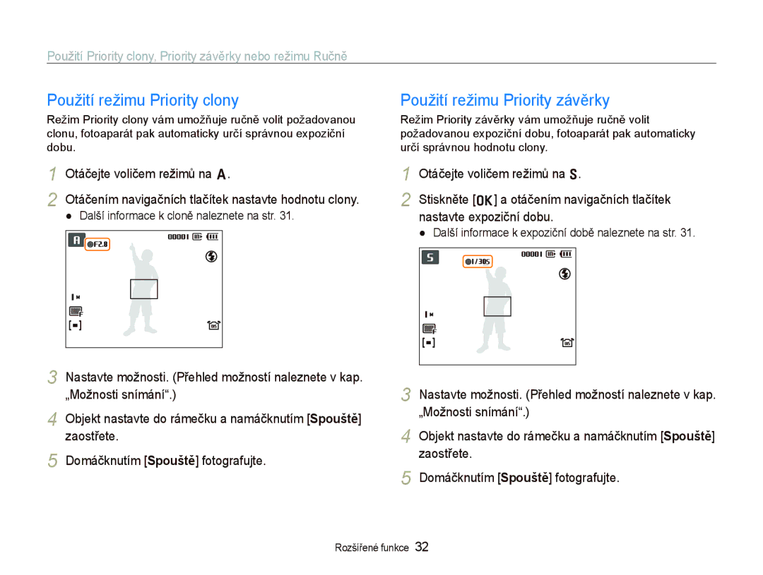 Samsung EC-WB1000BPBE1, EC-WB1000BPSE3, EC-WB1000BPBE3 manual Použití režimu Priority clony, Použití režimu Priority závěrky 