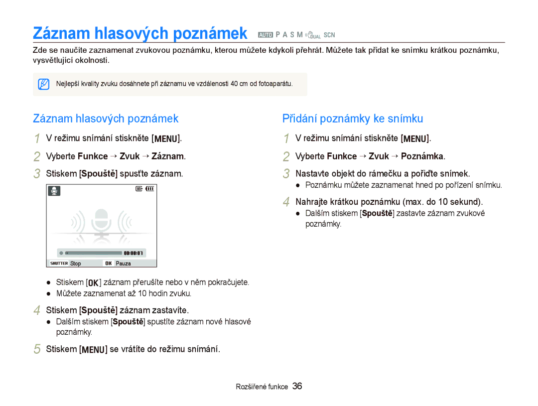 Samsung EC-WB1000BPSE3, EC-WB1000BPBE1 manual Záznam hlasových poznámek a p a h n d s, Vyberte Funkce “ Zvuk “ Poznámka 