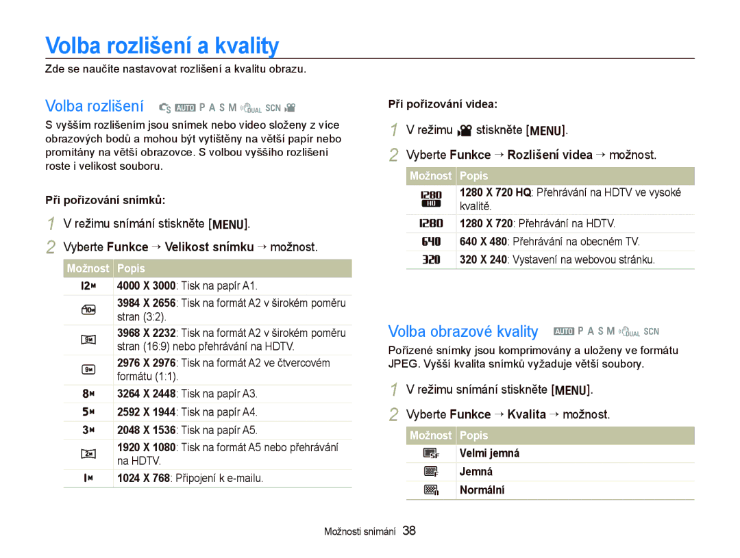 Samsung EC-WB1000BPBE1 manual Volba rozlišení a kvality, Volba obrazové kvality a p a h n d s, Režimu v stiskněte m 