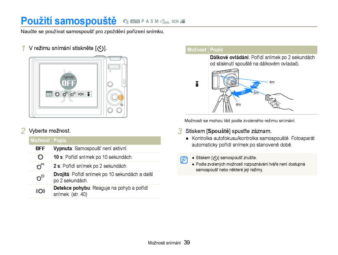 Samsung EC-WB1000BPSE3, EC-WB1000BPBE1 Použití samospouště S a p a h n d s, Režimu snímání stiskněte t, Vyberte možnost 