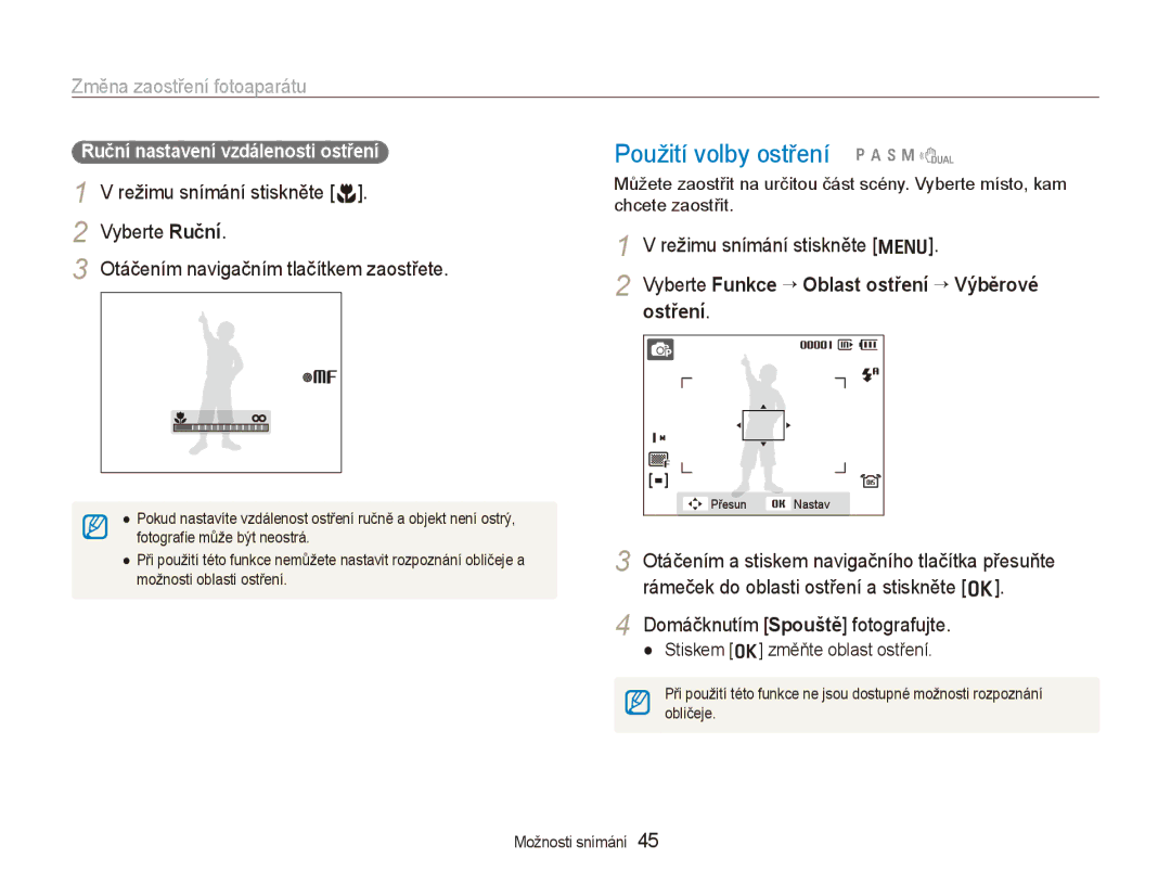 Samsung EC-WB1000BPSE3 manual Použití volby ostření pAhnd, Změna zaostření fotoaparátu, Ruční nastavení vzdálenosti ostření 