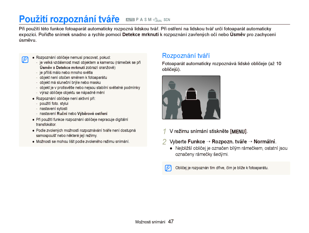 Samsung EC-WB1000BPBE1, EC-WB1000BPSE3, EC-WB1000BPBE3 manual Použití rozpoznání tváře a p a h n d s, Rozpoznání tváří 
