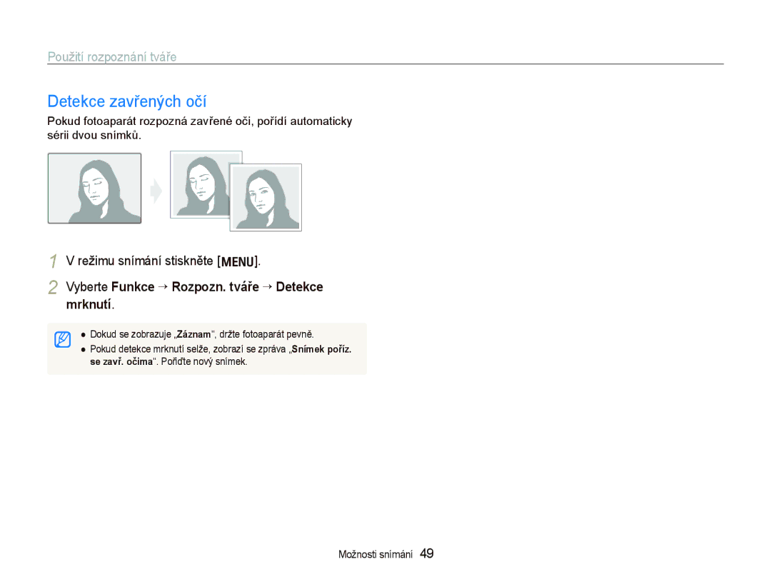 Samsung EC-WB1000BPBE3, EC-WB1000BPBE1 manual Detekce zavřených očí, Vyberte Funkce “ Rozpozn. tváře “ Detekce mrknutí 