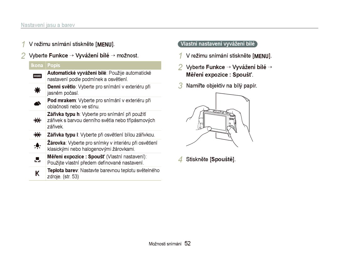 Samsung EC-WB1000BPBE3 manual Vyberte Funkce ““Vyvážení bílé “ možnost, Namiřte objektiv na bílý papír Stiskněte Spouště 